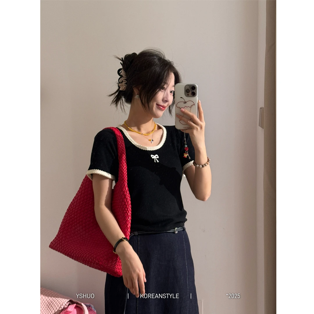 【甜心哈尼】撞色镂空蝴蝶结针织短袖上衣设计感纯欲甜美短袖 25088