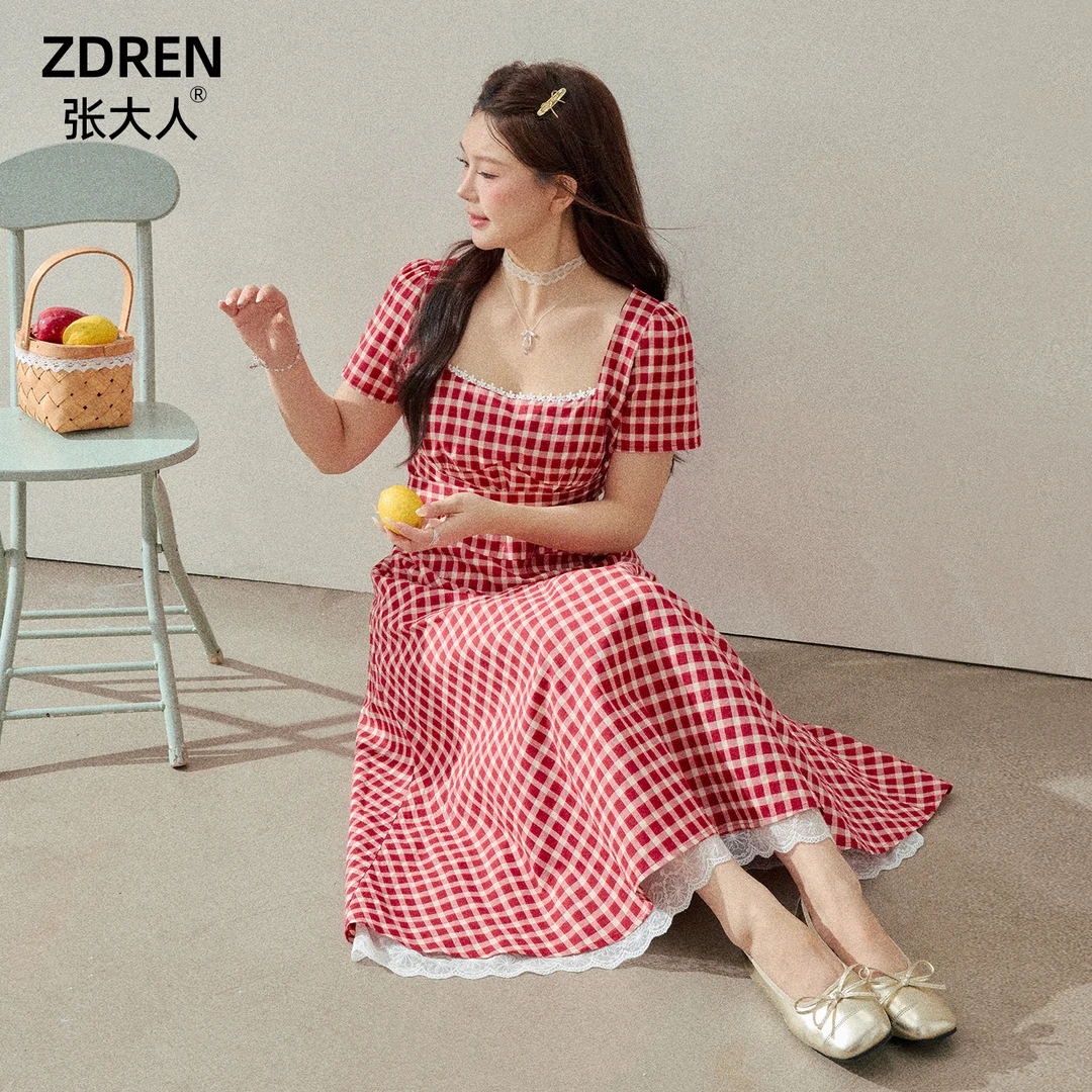 张大人【仲夏花序】大码女装微胖妹妹法式气质格纹蕾丝系带连衣裙