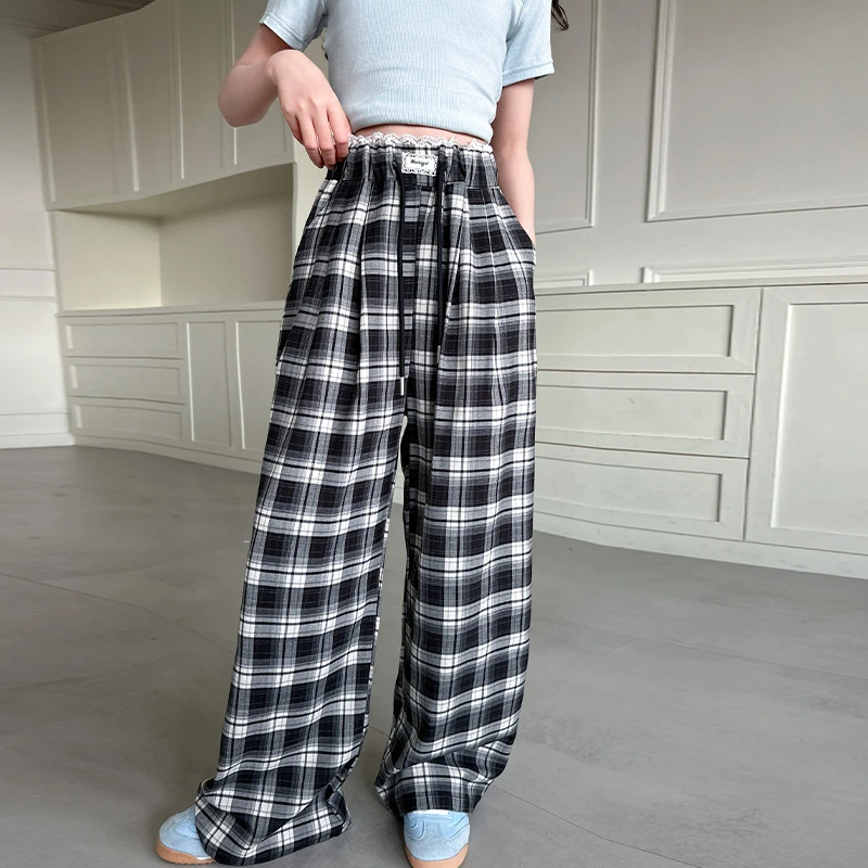 女童裤子夏季儿童格子裤薄款阔腿裤冰丝垂感休闲裤中大童时尚洋气