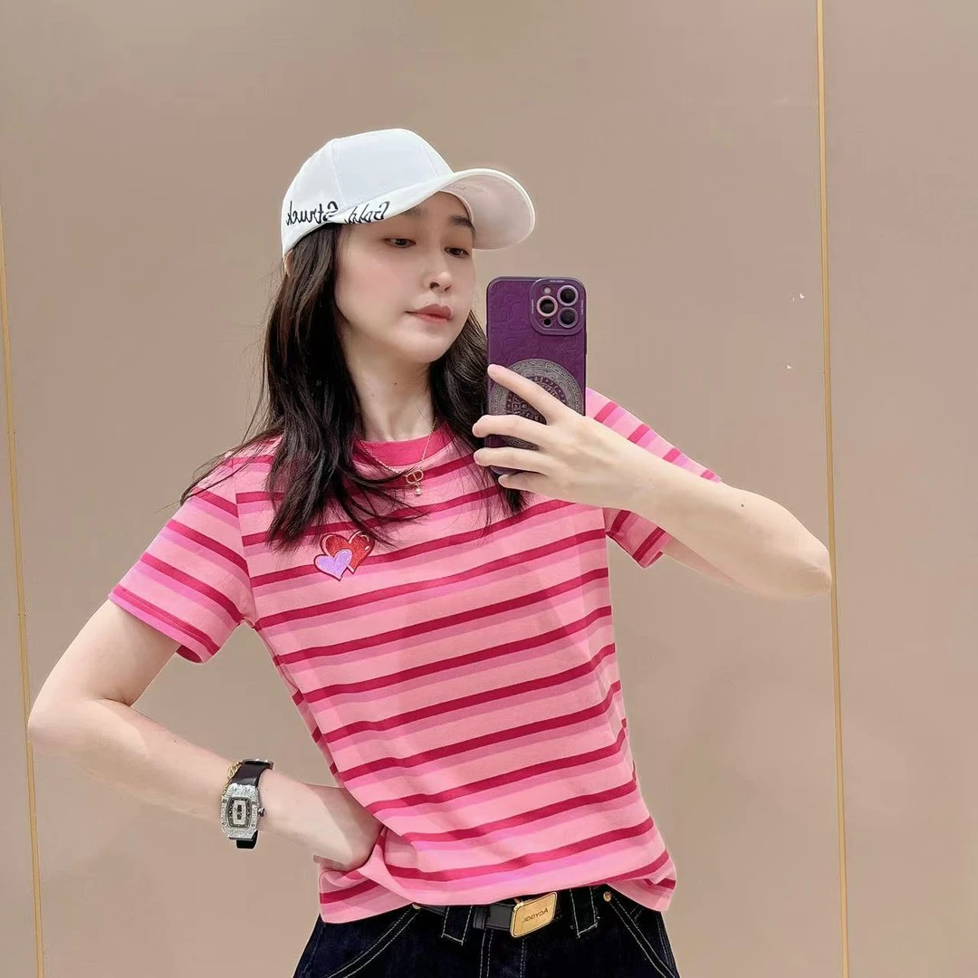 新款条纹创意短袖504281显瘦洋气时尚百搭设计感休闲体恤半袖圆领