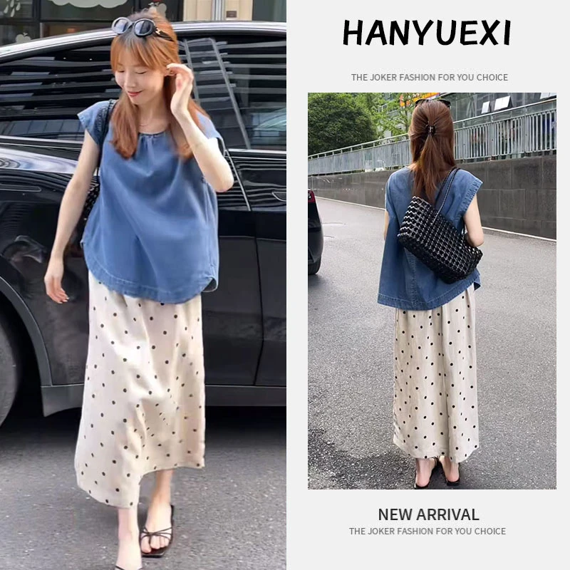 【现货】流行穿搭一整套2025新款夏季无袖上衣休闲波点半身裙两件套