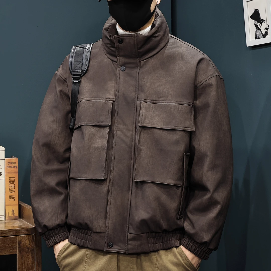 免洗工装皮衣羽绒服男立领冬季新款加厚保暖美式宽松防风鸭绒袄子