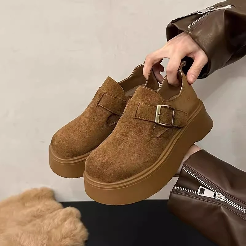 小个子松糕底勃肯鞋女2024秋冬新款复古磨砂百搭厚底大头休闲单鞋