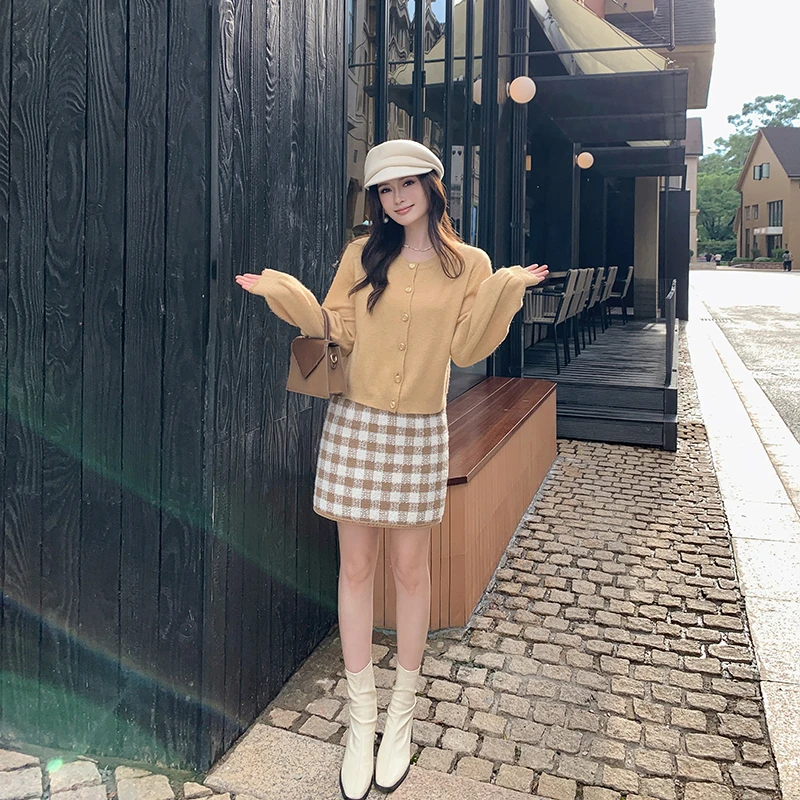 林关关【珍妮日记】复古粗纺格纹小香半身裙