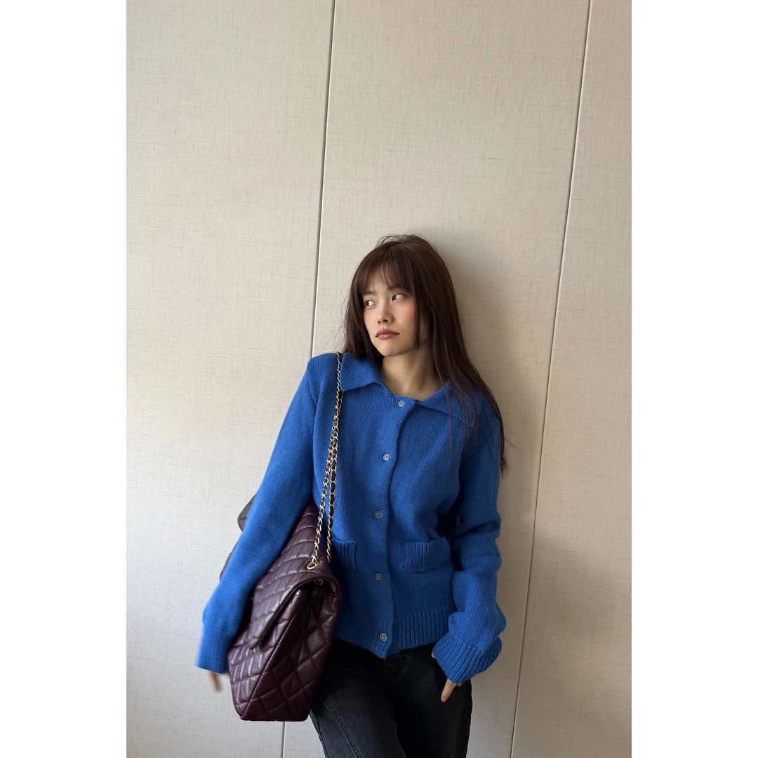 JINGDL【院子的落叶】秋冬韩系百搭舒适翻领单排扣针织开衫毛衣