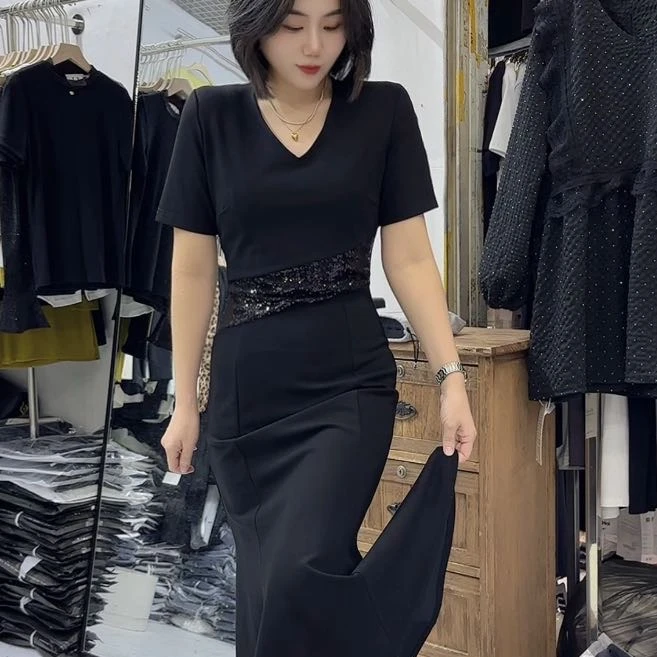 YY+气质V领长款鱼尾连衣裙