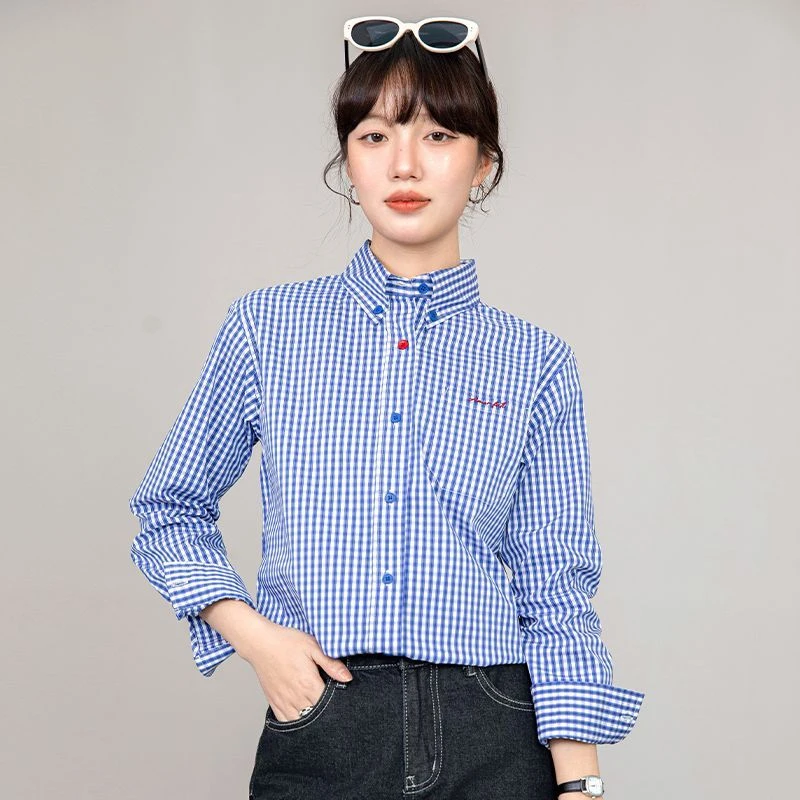设计感蓝色格子衬衫女2025年秋季新款文艺复古学院风长袖上通勤衣