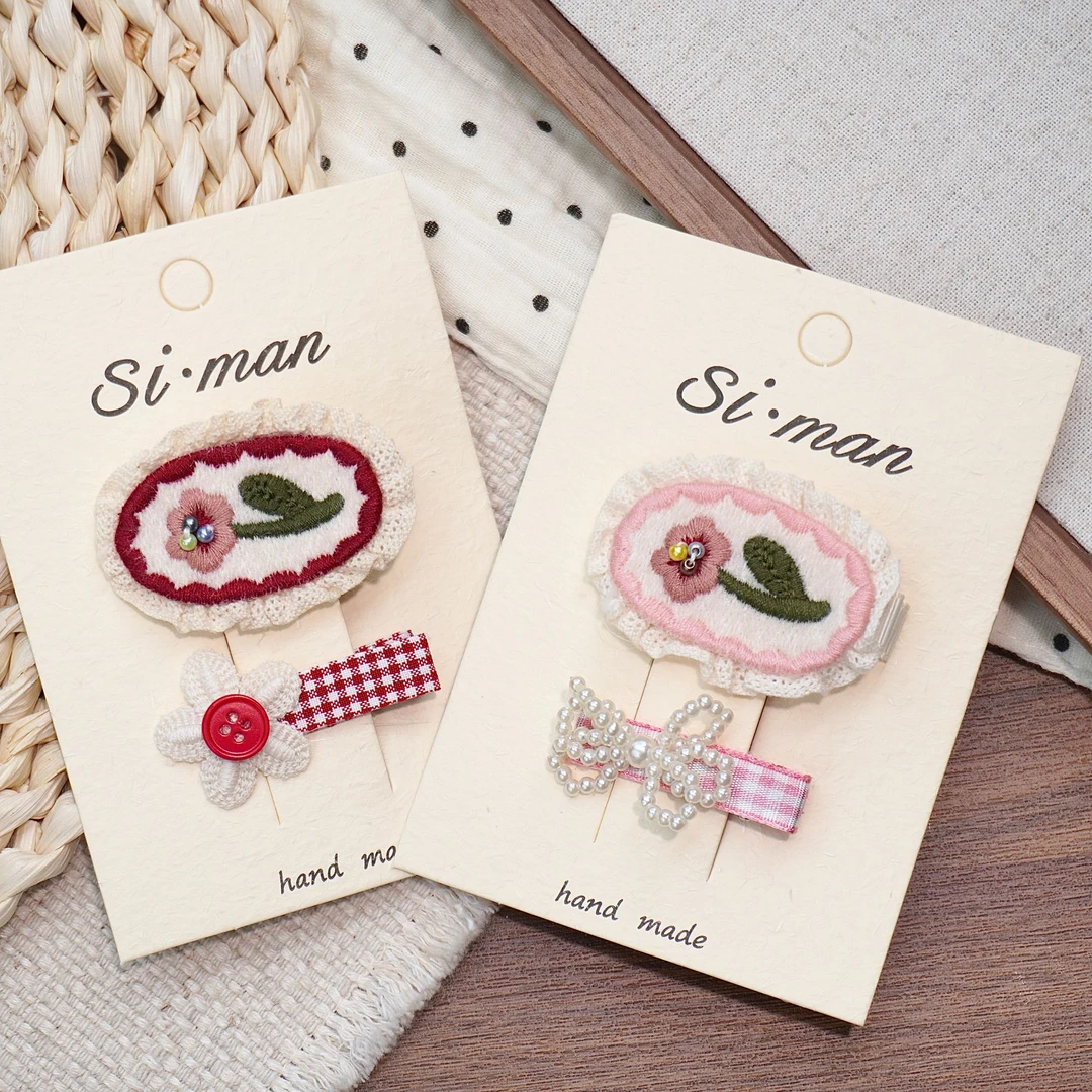 满9.9飞 韩版刺绣小花珍珠儿童发夹纽扣布艺全包压夹宝宝手工发卡