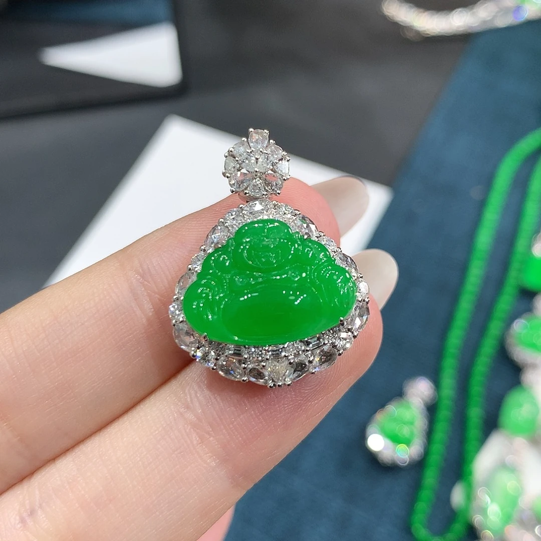 翡翠18K金镶嵌颈饰冰胶润正阳绿佛公 48小时鉴赏期