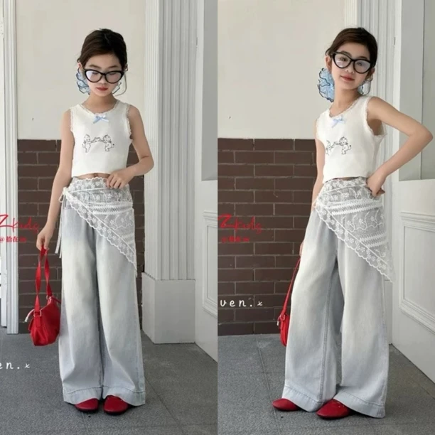 断码捡漏清仓女童夏季薄款牛仔裤1569潮牌洋气直筒牛仔裤蕾丝装饰