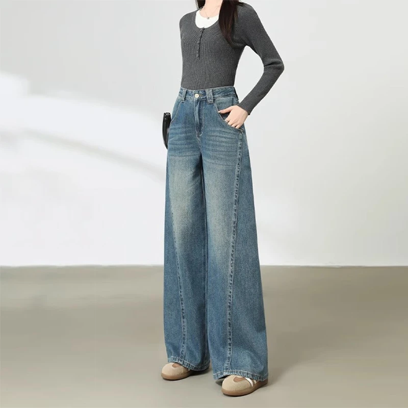春秋女款爆款2025新款牛仔裤宽松阔腿裤女裤子高腰牛仔裤百搭微喇