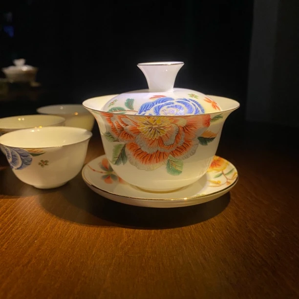 潮州陶瓷骨瓷盖碗白瓷手工复古工夫茶杯国色天香刺绣款高档泡茶具