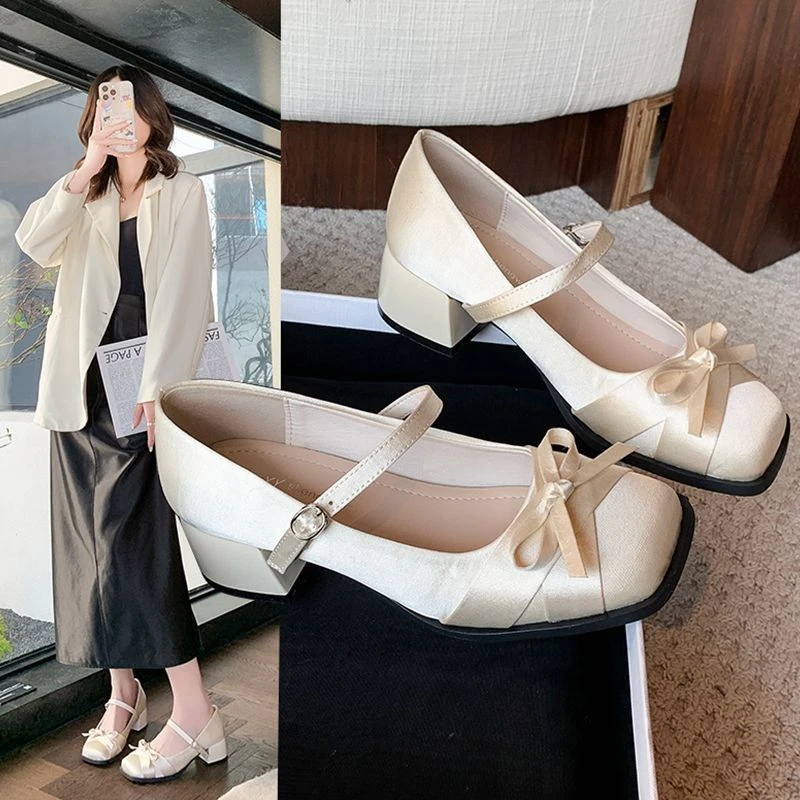 玛丽珍爆款马蹄跟一字带系扣单鞋2025春夏新款温柔缎面蝴蝶结方头