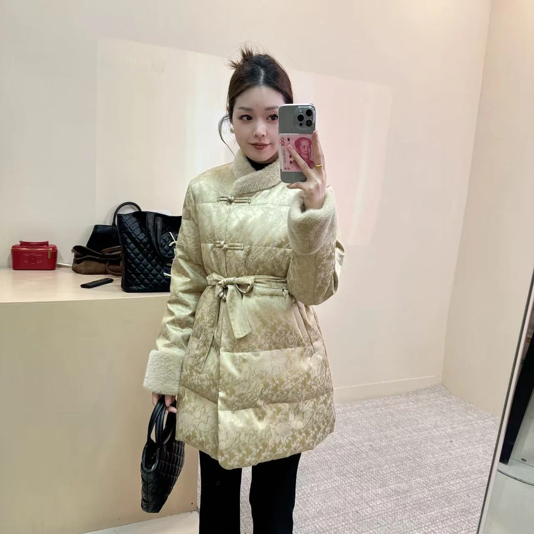 新中式立领盘口拼接毛毛系带宽松加厚棉衣外套