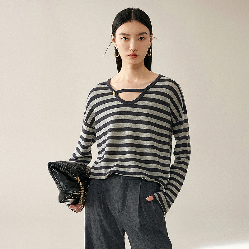 【小余专属】MOFAN摩凡秋新款灰条纹毛针织衫