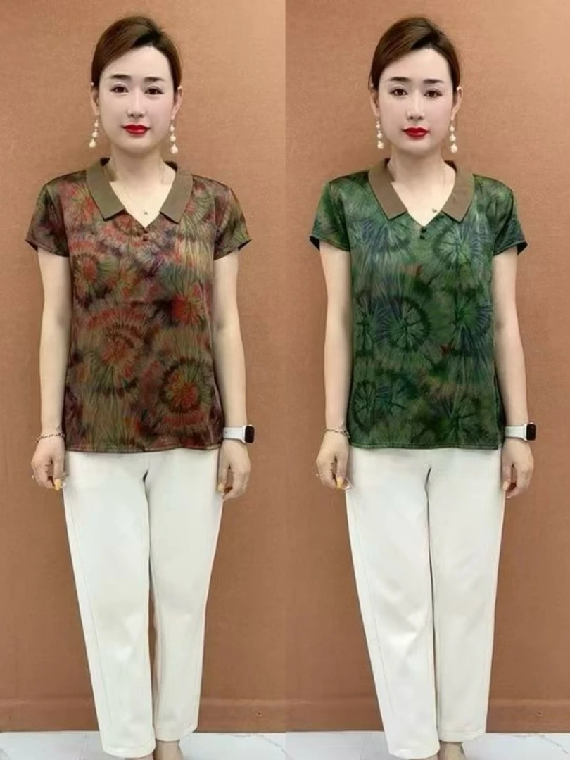 2025夏季新款时尚翻领印花短袖T恤宽松遮肚显瘦中老年气质妈妈装