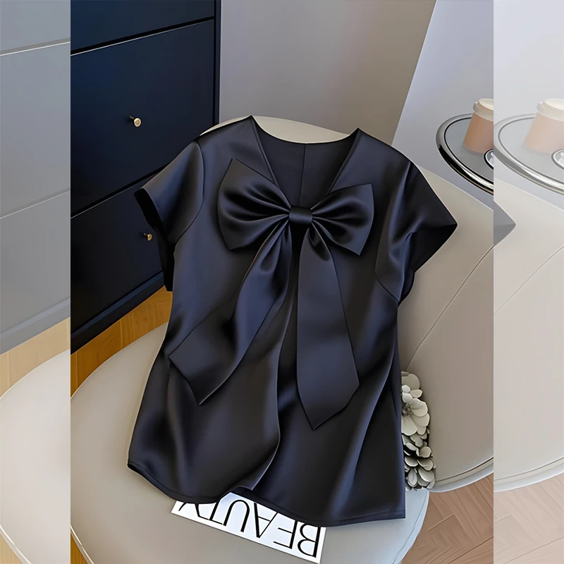 黑色v领短袖t恤女夏季新款今年流行爆款衬衫洋气减龄时尚百搭上衣