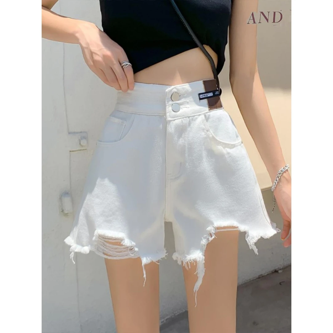 黑色破洞毛边牛仔短裤女春夏2025新款大码胖妹妹高腰阔腿a字热裤