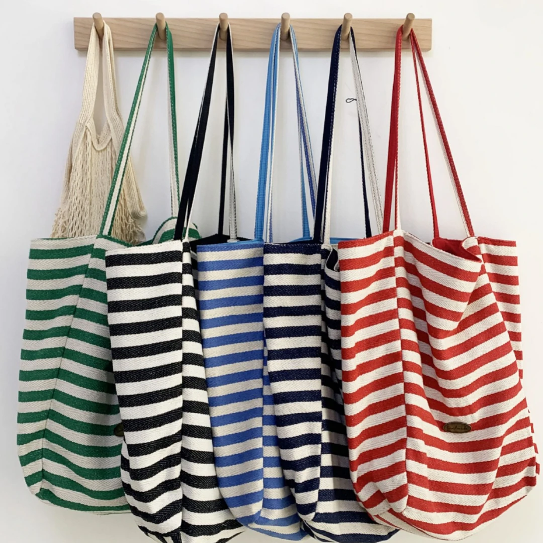 条纹帆布包包2024新款韩风ins托特休闲包单肩大容量托特包购物袋