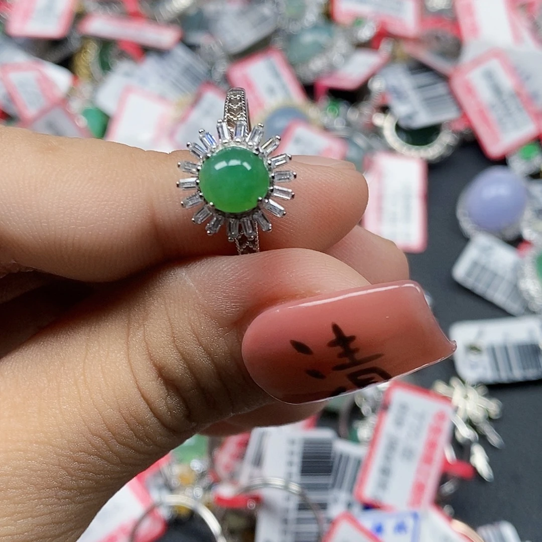 翡翠银S925镶嵌戒指天然A货缅甸翡翠