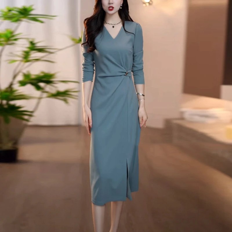 棉感精纺清冷系衣服2025秋季新款长袖时尚轻奢洋气质显瘦连衣裙子