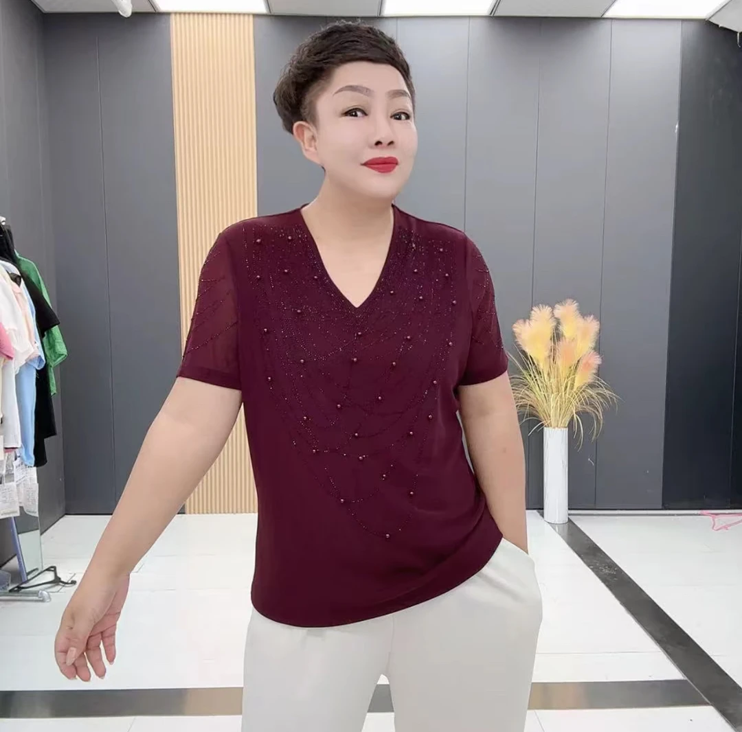 夏季新款大码气质钉珠钻洋气显瘦短袖女网红时尚休闲百搭女-3078