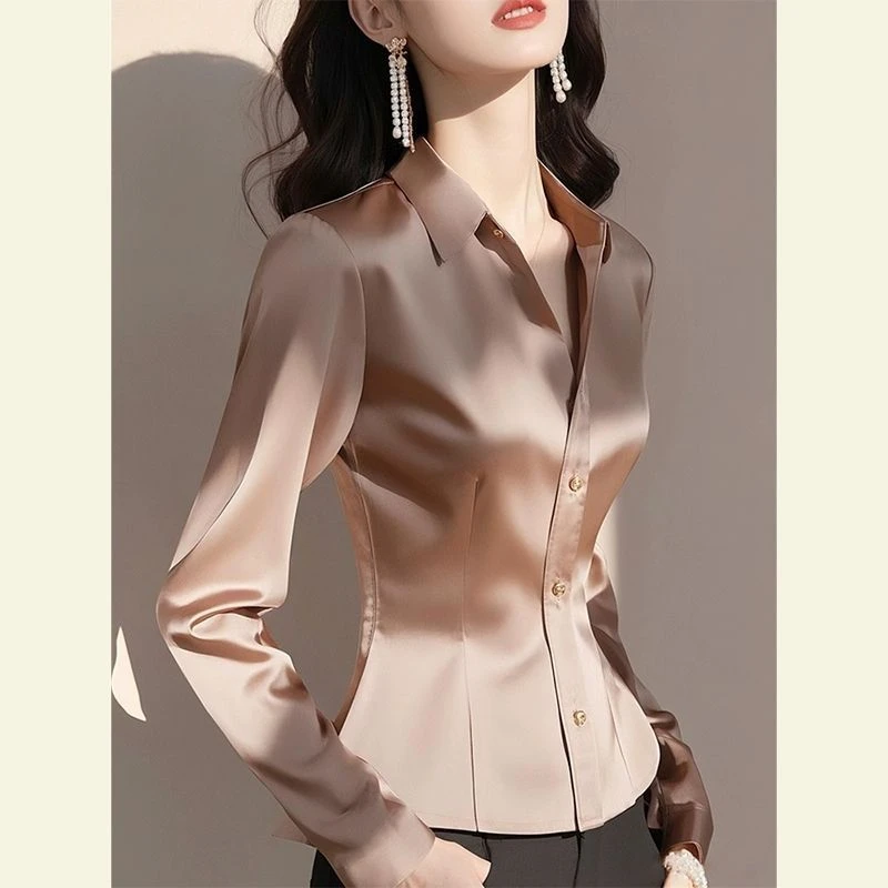 春季法式独特漂亮小众轻奢减龄洋气高级感咖色醋酸缎面长袖衬衫女