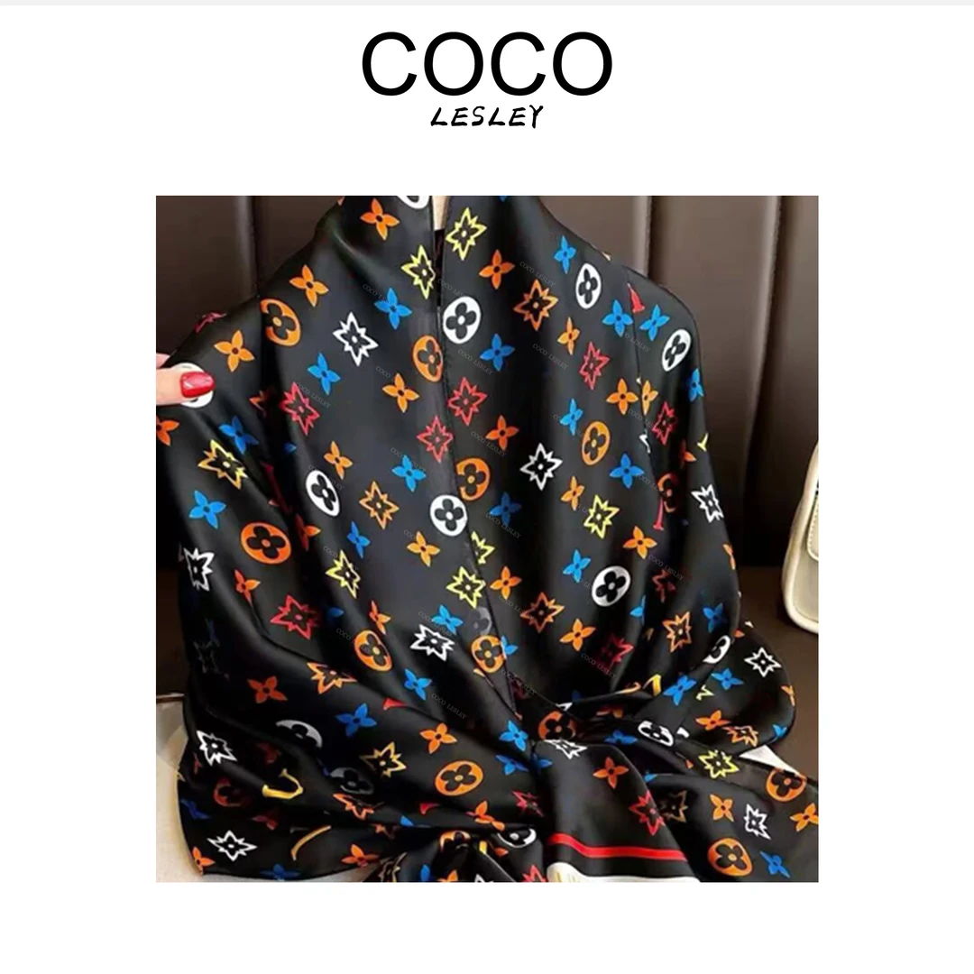 【COCO LESLEY】长款丝巾印花轻薄围巾女几何拼色防晒披肩