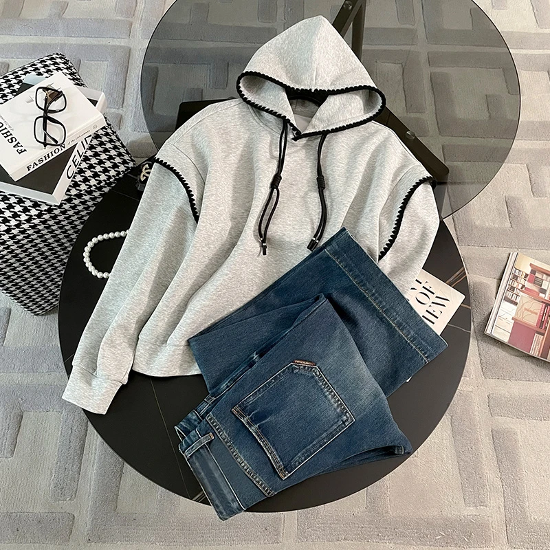 设计感洋气时尚简约休闲套装春女新连帽卫衣阔腿牛仔裤减龄两件套