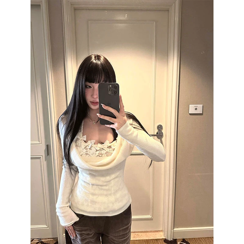 【攻心黑马】设计感收腰荡领打底衫套装女挂脖蕾丝吊带两件套