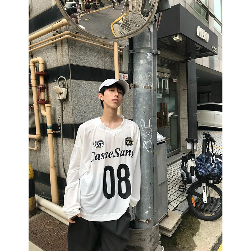 cassesango网透凉感v领球衣长袖t恤男潮牌美式户外运动薄款服