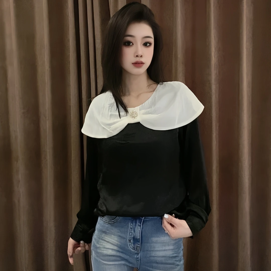 韩版设计感洋气拼接小衫2025春季新款网红显瘦时髦女神范长袖上衣