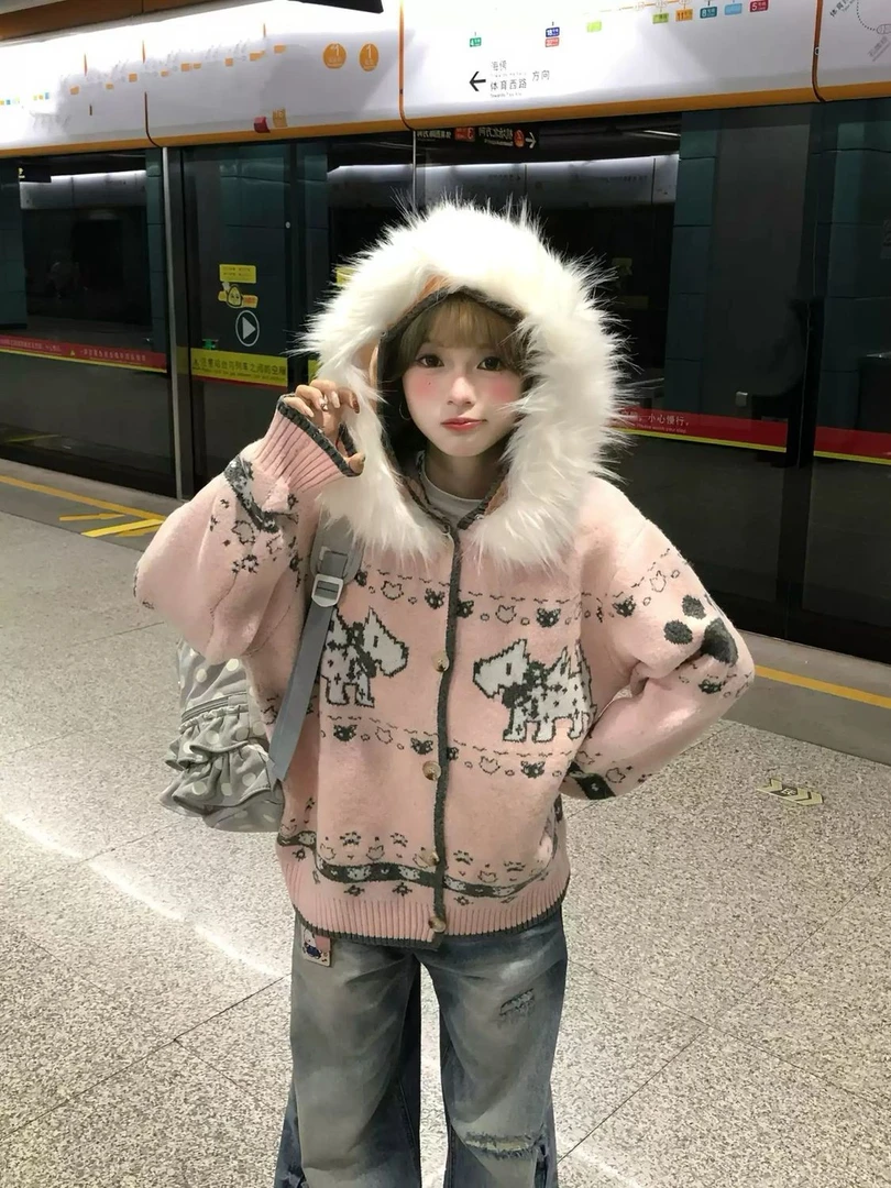 大码美式复古毛领提花针织开衫女2025秋冬新款费尔岛小狗宽松毛衣