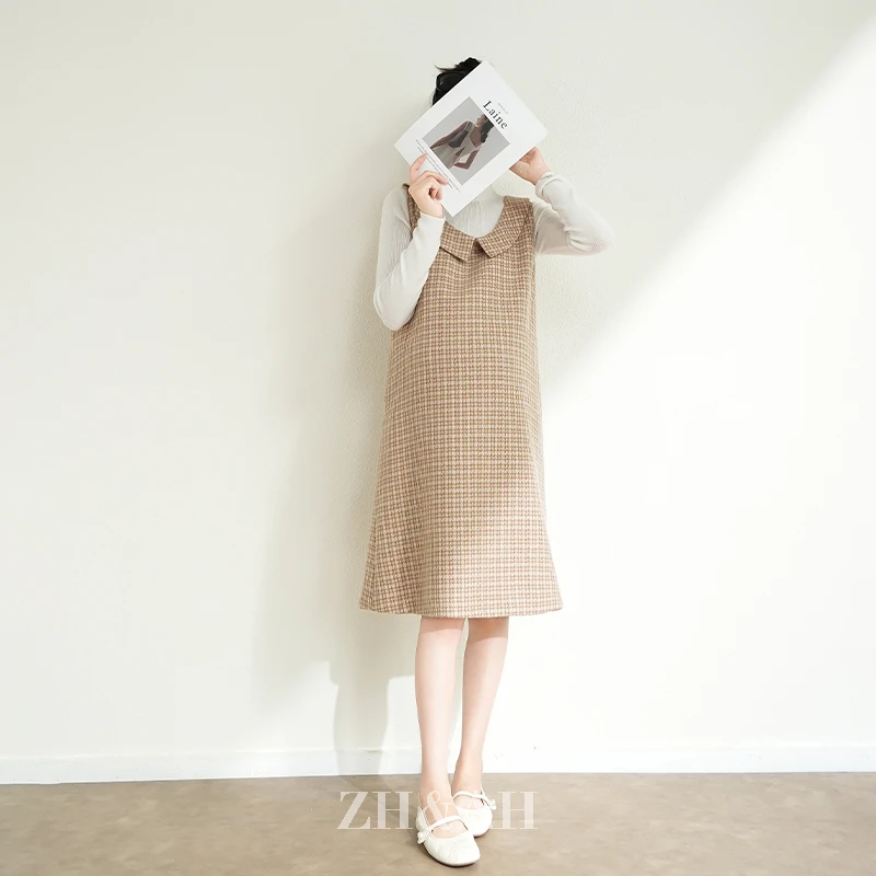 ZH&AH【奶霜】秋季新款时尚气质百搭设计师款孕期通勤千鸟格背心裙