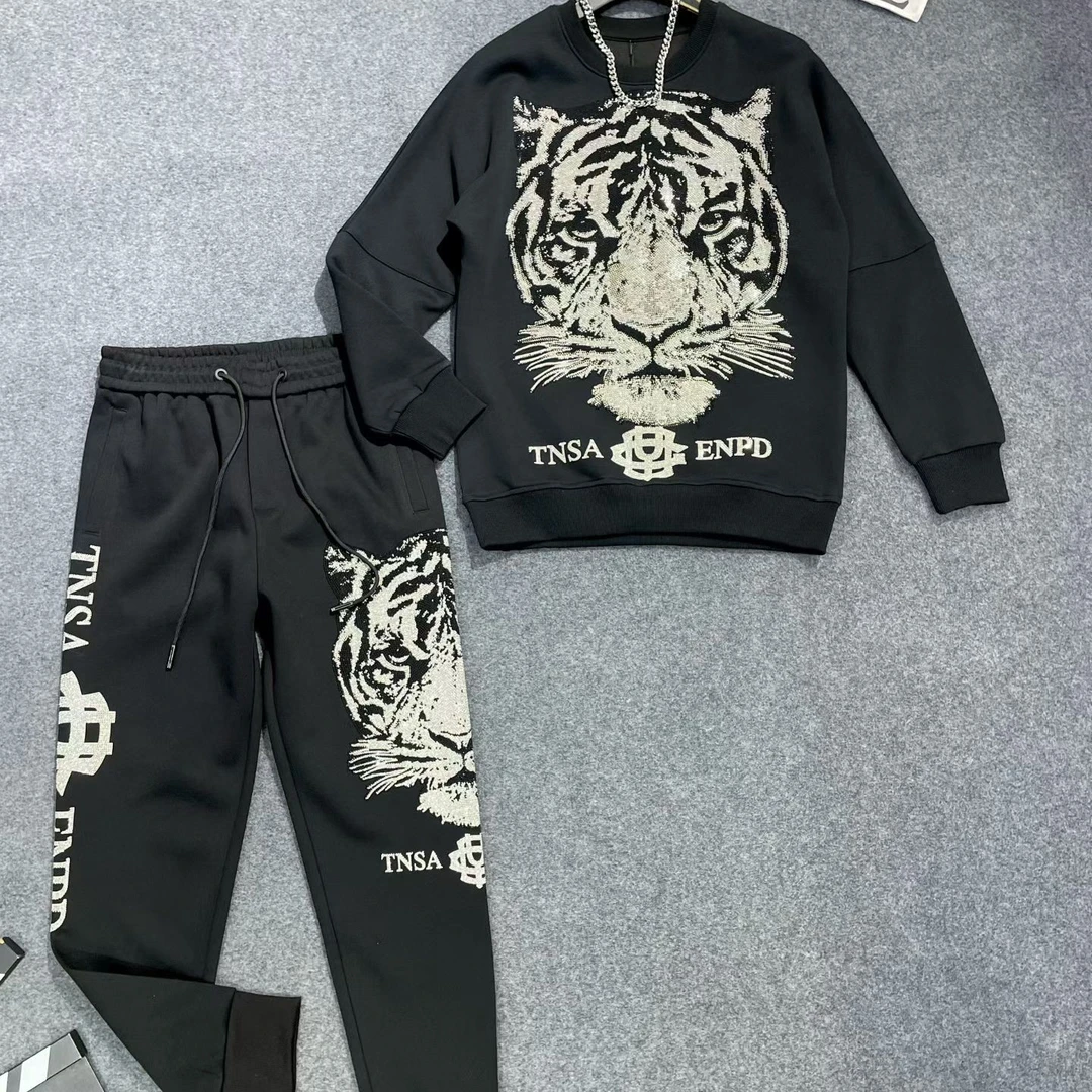 11821-款满钻老虎长裤卫衣套装重工男士长袖轻奢潮流时尚休闲