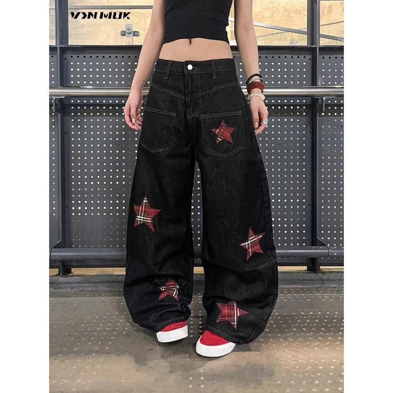 美式复古高街星星贴布弯刀牛仔裤男女小众反穿设计直筒垂感休闲裤