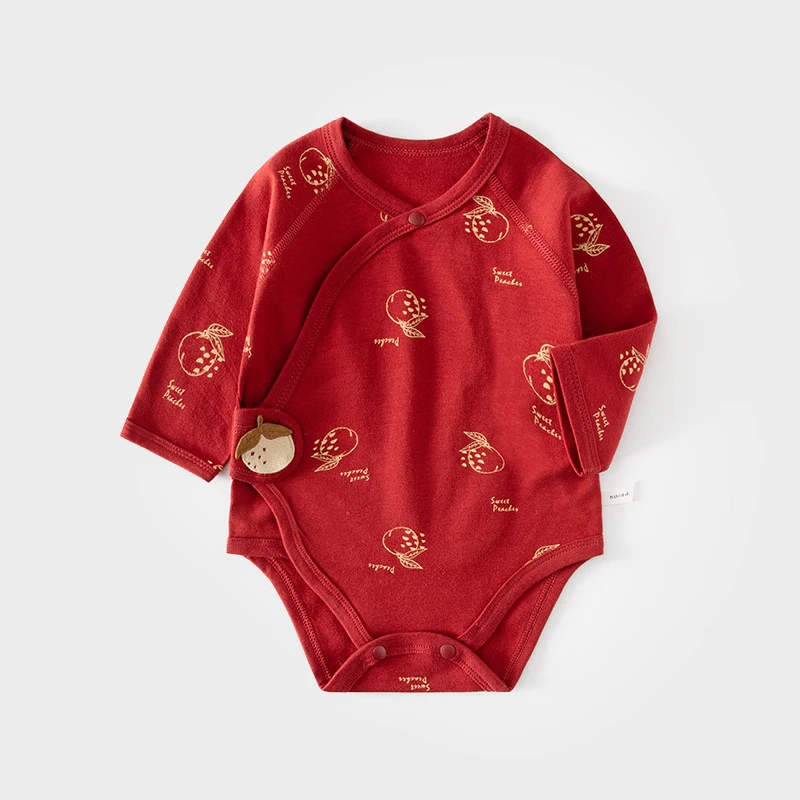 婴儿红色包屁衣春秋宝宝三角哈衣纯棉长袖新生儿连体衣无骨爬服
