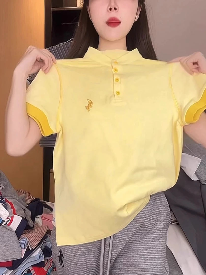 纯棉潮牌小马刺绣立领短袖T恤女2025夏季新款休闲百搭显瘦上衣ins
