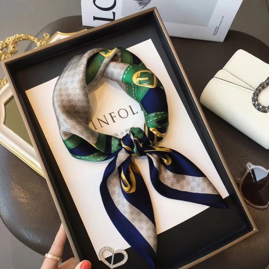 逐梦鸟真丝桑蚕丝丝巾女秋冬12姆米70拼色锁链时尚百搭高端