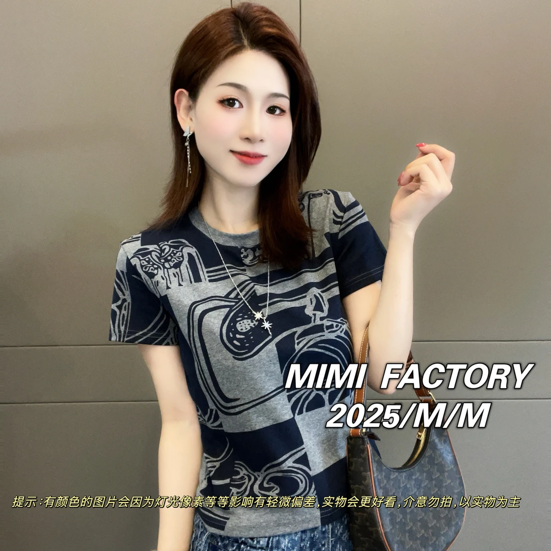 芈芈 2025新款短袖 欧货印花短袖T恤女修身显瘦时尚休闲上衣XCTQ
