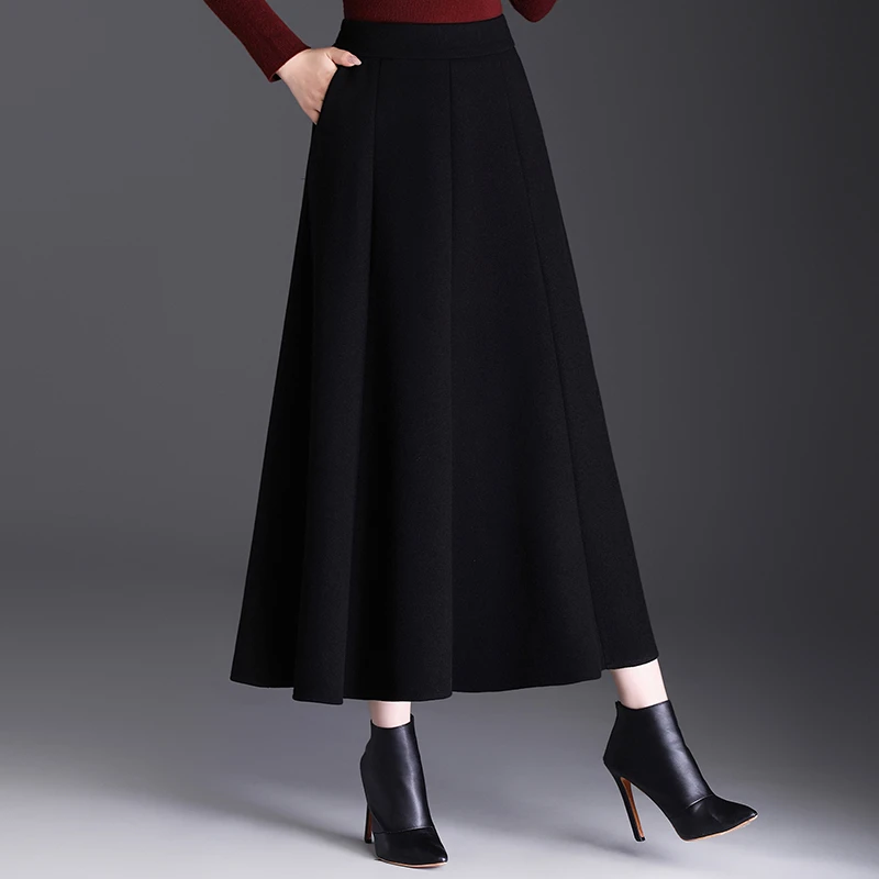 时尚百搭黑色毛呢半身裙女秋冬季中长款百褶显瘦a字裙长裙大摆裙