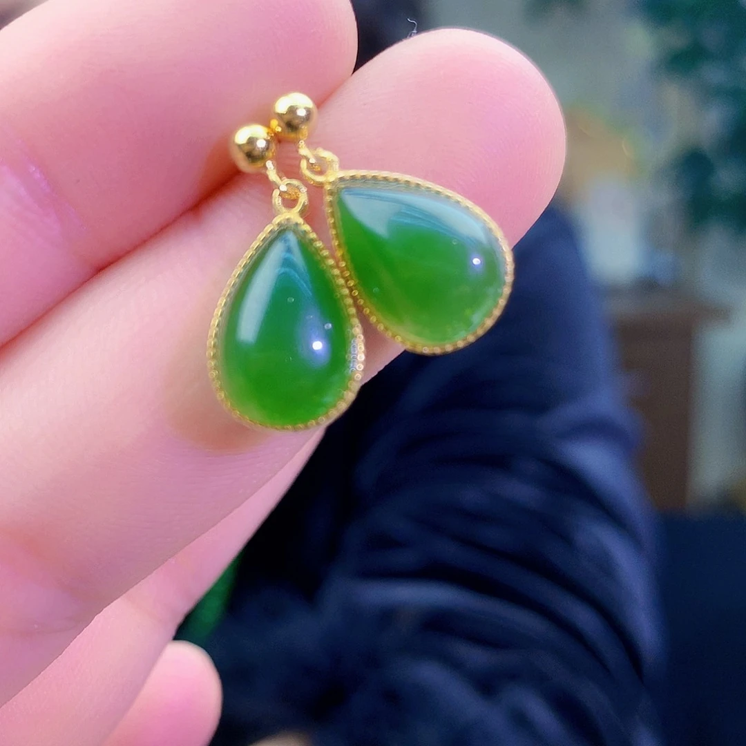 吊坠(不含链)银S925镶嵌和田玉（碧玉）耳钉