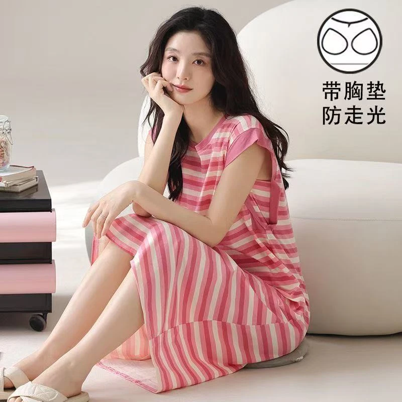 睡裙女款2025夏季薄款睡衣无袖带胸垫背心中长款背心连衣裙家居服