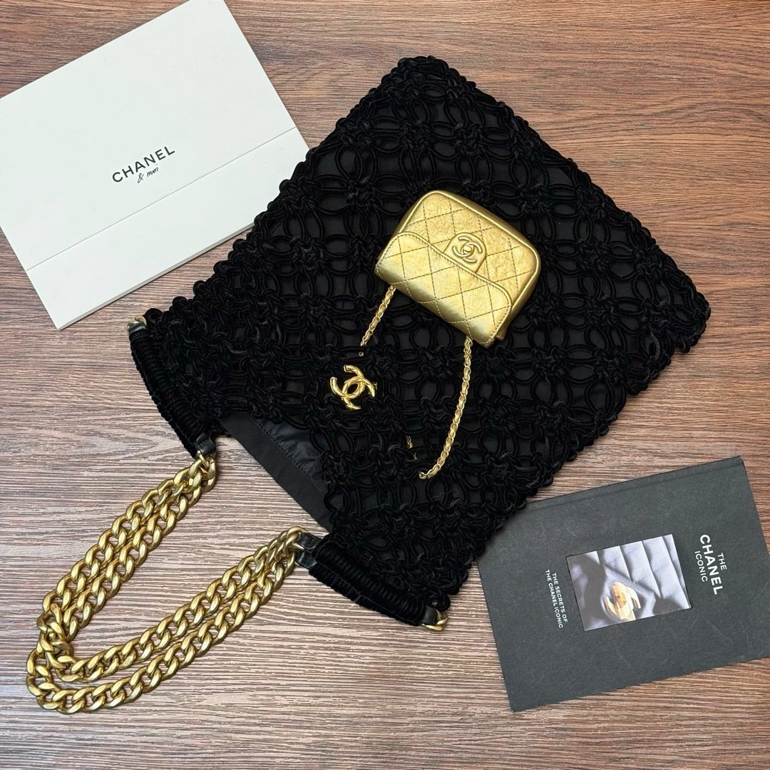 95新 Chanel/香奈儿 黑金编织丝绒拼羊皮 网兜子母托特/695649607