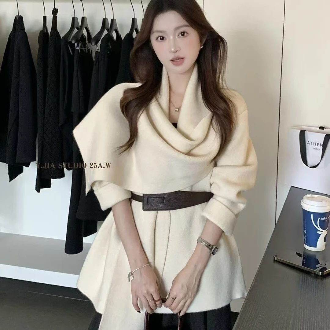 韩系气质松弛氛围感围巾领毛衣女御姐气质慵懒风针织开衫短外套潮