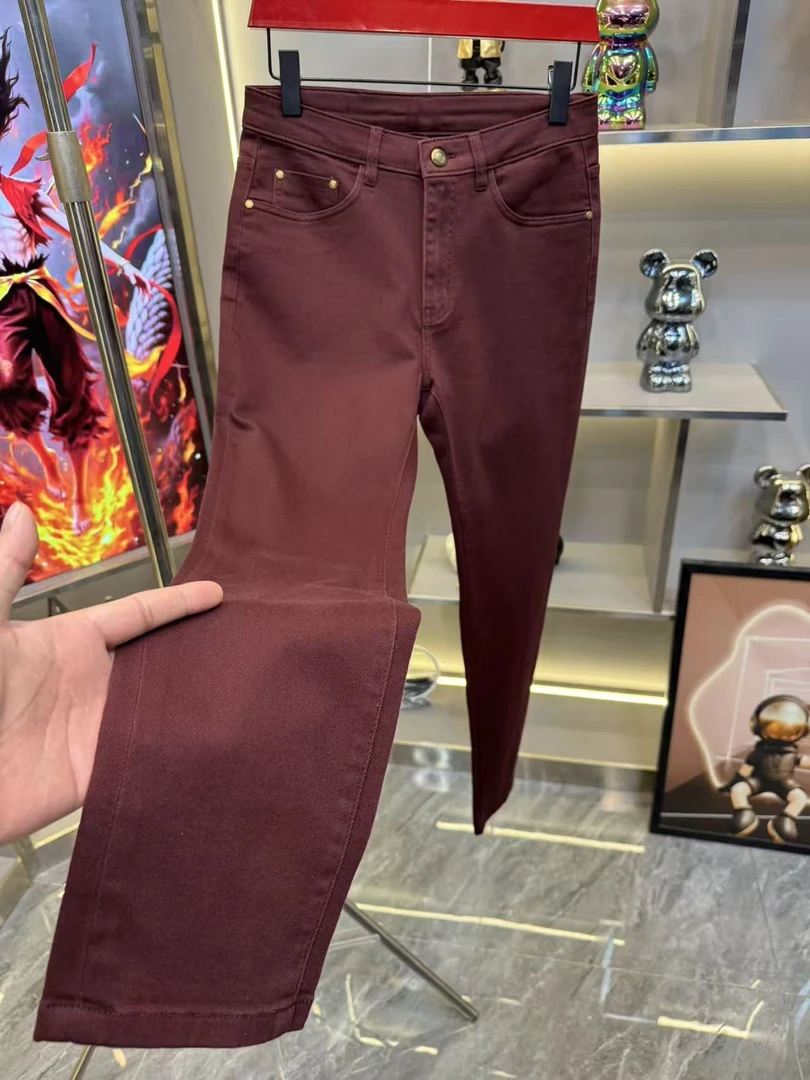 男士修身小脚牛仔裤时尚弹力红色秋冬水洗潮流高品质