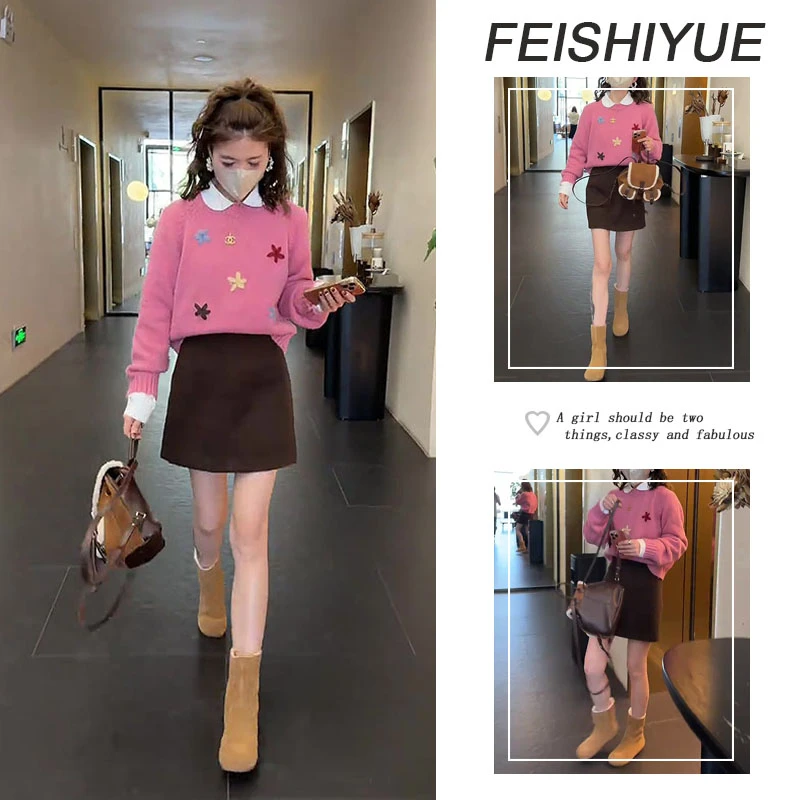 流行时尚女装年秋冬新款韩系软糯提花针织毛衣百搭短裙两件套冬装