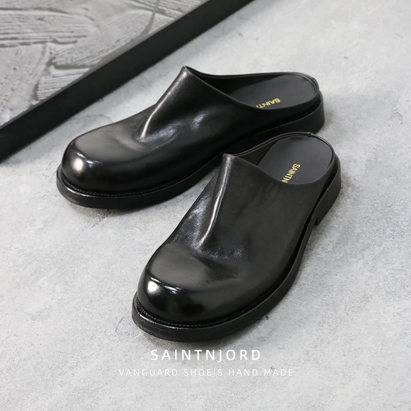 马皮鞋夏季透气复古水洗休闲男鞋包头穆勒拖鞋大头博肯半拖