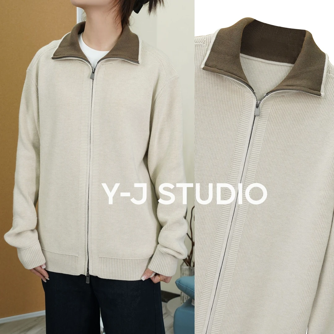 【桑蚕丝＋羊毛】外套秋季立领毛衣开衫常规款翻领撞色针织时尚男