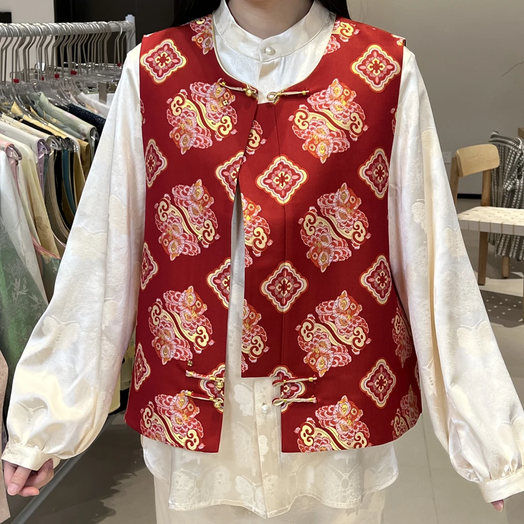 钱小萍 红色醒狮 带钢印 宋锦马甲 名家国风新中式女装上衣